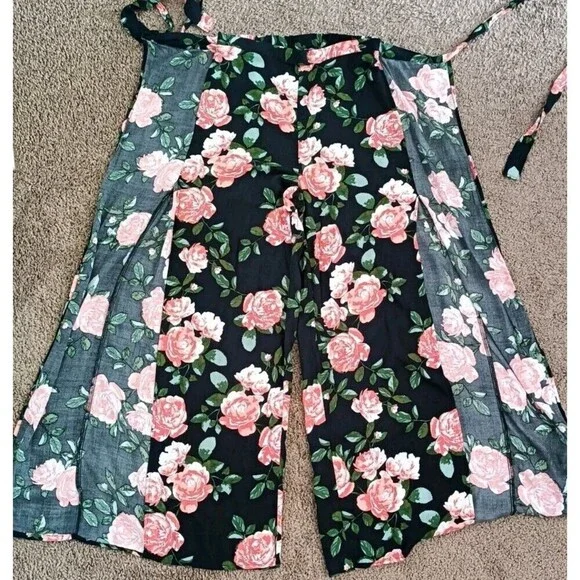 New Look Front Tie Pants Womens Sz Small Black Floral Open Wide Leg Lightweight - Picture 4 of 5